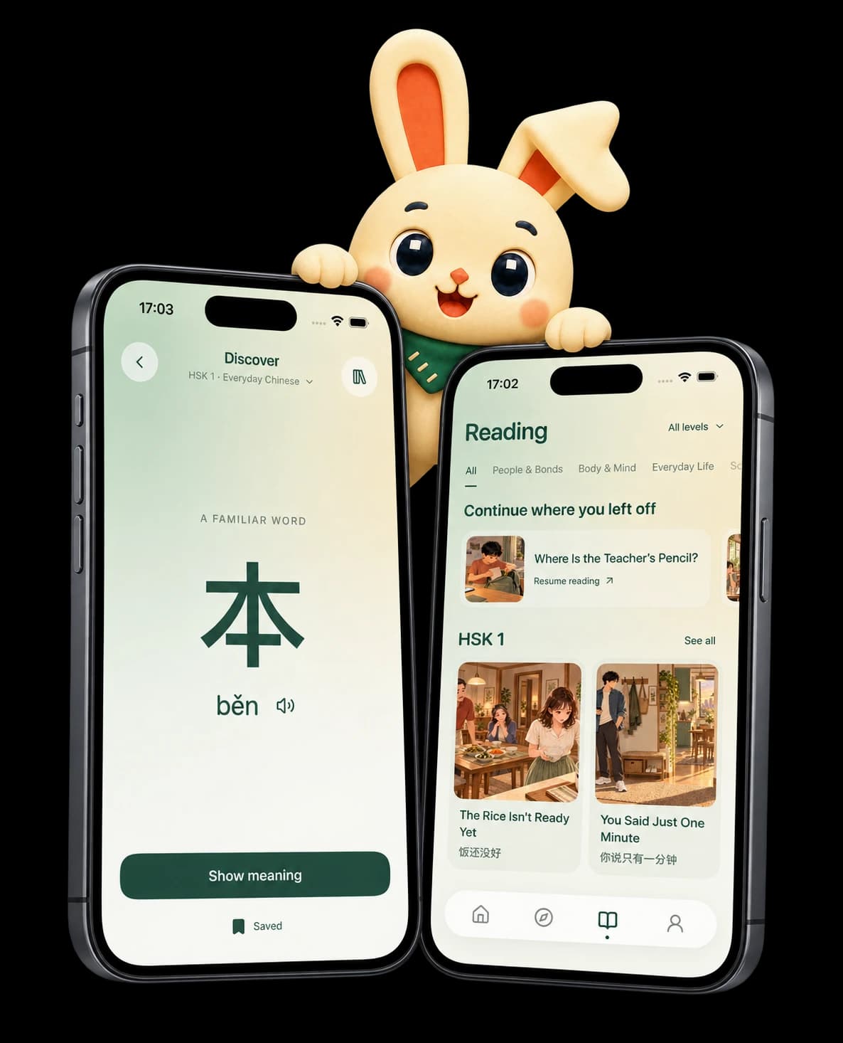 Tuni holding two iPhones showing Mandarin vocabulary with pinyin and an illustrated Chinese reading library